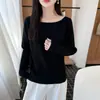 Suéter de tricô de lã pura novo para outono/inverno estilo coreano transfronteiriço, com mangas morcego, corte solto e decote de um ombro só