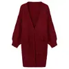 Europeo y Americano Transfronterizo 2026 Otoño e Invierno Nuevo Estilo Abrigo de Punto con Mangas de Farol Retorcidas Suéter Cardigan de Punto de Color Sólido de Longitud Media para Mujer