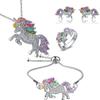 Amazon Cartoon Collar Pulsera Pendientes Anillo de Unicornio Incrustados de Diamantes Set de Joyería Infantil Regalo de Navidad Transfronterizo