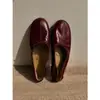 Sapatilhas ballet de pele de ovelha macia com laço vintage para mulheres, sapatos vermelhos de bico redondo estilo francês, sapatos rasos de calçar de couro plano