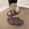Novas Chinelos Peludos de Couro de Ovelha com Fivela de Cinto Estilo Preguiçoso para Outono/Inverno 2026 para Mulheres, Chinelos de Algodão para Uso Externo
