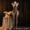 Talla Extra Lencería de Malla Transfronteriza Body de Pierna Abierta Sin Quitar Revelador de Pecho Apasionado Sexy Medias Coqueteo en la Cama Mujer