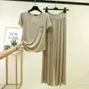 Novo conjunto de verão para tamanhos grandes: top de manga curta e calça comprida casual de cintura alta, adequado para uso ao ar livre, conjunto feminino de modal para casa