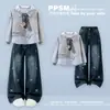 Estilo preppy, diseño de oso de dibujos animados dulce y lindo, conjunto de dos piezas de polo y jeans de pierna ancha para niñas, adecuado para primavera y otoño