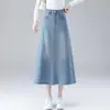 Saia jeans azul claro para mulheres, novidade primavera e outono 2026, cintura alta, cobre o quadril, comprimento médio, saia evasê