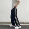 Calças Casuais de Cor Contrastante Masculinas e Femininas Estilo High Street Soltas Retas Esportivas