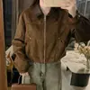 Tiro real color café oscuro casual retro gamuza terciopelo chaqueta otoño nuevo estilo petite favorecedor temperamento abrigo corto moderno