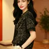 Elegante camiseta redonda con estampado de pedrería, top moderno y estiloso para mujer, nueva blusa chic de verano de manga corta