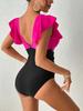 Traje de Baño Entero con Volantes y Empalme de Color Puro Ins para Mujer Triángulo Push-Up Profundo V Transfronterizo Europeo y Americano Sexy Traje de Baño Amazon