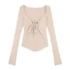 Hilo de núcleo puroBlanco deseo puro Camiseta de manga larga con cuello cuadrado para mujer Otoño Sexy Ajustado Cintura ceñida Capa base Top con cordón y amarre