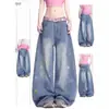 Jeans estilo americano para mujer bordados con estrellas, diseño de moda 2026, pierna ancha, corte holgado, lavados, pantalones de pierna curva