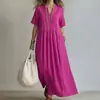 Vestido longo casual folgado de manga curta com decote V e cor sólida plissado, moda feminina transfronteiriça europeia e americana 2026