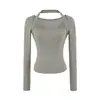 Camiseta de estilo suave color púrpura de taro, diseño de color contrastante de dos piezas falsas, cuello halter, manga larga, corte ajustado, top corto de cuello cuadrado, sin botones