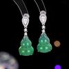 Aretes Vintage Estilo Nacional Lujo Ligero con Diamantes Incrustados en Forma de Calabaza Imitación Calcedonia Verde Aretes Fulu Aguja de Plata S925 Aretes Chinos