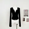 Camisa negra de cuello falso de dos piezas, diseño ajustado para chicas calientes, top de punto de manga larga, mohair, corte ajustado, con etiquetas
