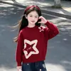 Conjunto de Punto Estilo Nuevo Rojo Estrella para Niñas Jeans de Pierna Ancha Conjunto de Dos Piezas para Niños Medianos y Grandes Elegante Moderno