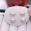 Pendientes de Plata de Ley S925 con Perla Natural y Lazo de Circonita, Estilo Francés, Versátiles para Mujer, Perla Blanca, Perla Gris