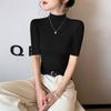 Camiseta Modal de Manga Curta Feminina Gola Alta Camisa Básica 2025 Verão Nova Moda Versátil Preta Slim Top