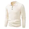 Suéter Masculino de Tricô com Listras Verticais e Gola Polo para Outono, Pulôver Casual de Manga Longa, Suéter Henley Liso