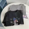 Camiseta de Manga Corta con Capucha y Estampado de Perro, Estilo Coreano, Tejido Cepillado, Engrosada para Primavera y Otoño, Prenda Base para Primavera y Otoño
