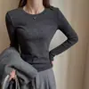 2026 Nova Lã Merino Leve de Contagem 60 Sem Costura Peça Única Gola Redonda Slim-Fit Camisa Base de Tricô para Mulheres