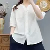 Camisa de Algodón con Cuello en V Estilo Japonés Manga Media 2026 Moda Verano Top Artístico Blusa de Retazos Elegante que Reduce la Edad
