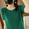 Camiseta de punto de manga corta de algodón puro de estilo nuevo de verano transfronteriza para mujer, jersey de cuello redondo, top holgado de manga corta con forma de diamante, 100% algodón