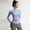 Top de Yoga Feminino Outono e Inverno Camiseta Esportiva Roupa de Treino para Pilates Fitness Manga Longa Alta Elasticidade Gola Redonda Camada Base Outono e Inverno