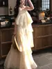 En StockEncaje LigeroVestido de Encaje Estilo Francés con Dobladillo Amplio para Mujer, Estilo Suave, Ropa de Vacaciones, Vestido de Pastel Adelgazante