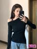 Suéter de Punto con Hombro y Cuello Oblicuo para Mujer Otoño 2024 Nuevo Elegante Ajustado Adelgazante con Abertura Irregular de Manga Larga Tendencia