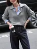 Tricô Spliced Listrado com Lapela Estilo Casual para Mulheres 25 Outono Novo Top de Tricô Fino Macio