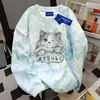 Moletom Redondo Tie-Dye Divertido com Estampa de Gato Design Americano para Mulheres Outono e Inverno Preguiçoso Divertido Fofo Rosa