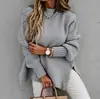 Nuevo Suéter de Punto Grueso para Mujer Otoño e Invierno 2024 Transfronterizo Amazon Cuello Medio Holgado Color Sólido Manga Larga Punto Grueso Abertura Lateral
