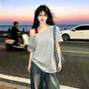 Camiseta de Algodón Puro Falsa de Dos Piezas de Manga Corta para Mujer, Nuevo Estilo Retro Americano Transfronterizo de Verano, de un Hombro, Top Holgado Casual, a la Moda