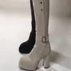 Botas de plataforma de tacón alto para mujer, colección de otoño, punta redonda, tacón grueso, suela gruesa, color albaricoque, elásticas, ajustadas, longitud hasta media pantorrilla, bota individual, negras