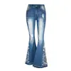 Calça Boca de Sino Feminina Europeia e Americana Indústria Pesada Estéreo 3D Bordada Calça Jeans Feminina Calça Boca de Sino