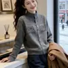 Cardigan de tricô macio e fofo com gola semi-alta, feminino, outono e inverno, toque de alta qualidade, cinza, solto, plus size, suéter quente