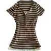 Blusa de encaje para mujer, corte ajustado, retro Harajuku, venta al por mayor, retazos, manga corta, elegante, para ir al trabajo, Y2K, estampada, con rayas