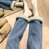 Calça Jeans Reta Marrom Maillard Feminina Outono e Inverno Veludo Engrossado Cintura Alta Versão Estreita Solta Perna Larga Arrastando no Chão