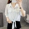 Camisa de gasa de manga corta con cordones y lunares ondulados de talla grande, novedad de verano 2024, prenda fina con protección solar y falda chal, top holgado para mujer