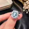 Promoción de transmisión en vivo: Anillo de mujer con diamante amarillo, gema de topacio simulado de corte esmeralda rectangular, anillo ajustable