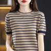 Suéter calado de hilo de algodón 100% a rayas para mujer, manga corta, nuevo primavera-verano 2024, sencillo, cuello redondo, manga media, camisa básica