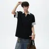 Camisa polo estilo americano de verano, diseño de nicho para hombre de dos piezas falsas de manga corta, camiseta de retazos a rayas, elegante y fresca, adecuada para parejas