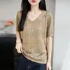 Top de punto para mujer de manga corta con cuello en V y hilo de colores 2026 Primavera/Verano Nuevo Calado Holgado Jersey Camiseta Base Camiseta