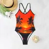 Nuevo Traje de Baño Cruzado para Mujer 2025 Pintura de Paisaje Personalizada Bikini de una Pieza