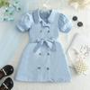 Verano para niñas TEMU transfronterizo bebé niña color sólido manga burbuja traje vestido moda falda doble botonadura
