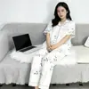 [Personalizado al por Mayor] Conjunto de Pijama de Verano para Mujer, Algodón Nube Manga Corta Pantalón Largo, Conjunto Delgado para Estar en Casa, Venta Directa de Fábrica