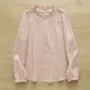 Venta directa del fabricante: Camisa de Mujer Manga Larga con Cuello de Encaje Fruncido Estilo Japonés, Gasa de Algodón de Doble Capa, Blusa Artística de Corte Amplio para Mujer