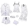 Pijama Delgado Estilo Ins Transfronterizo de Comercio Exterior para Mujer, Conjunto de Siete Piezas para Primavera y Otoño, Ropa de Casa con Patrón de Grulla, Pijama Delgado para Todas las Estaciones