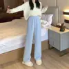 Calça de Perna Larga com Espiga de Trigo Branca para Mulheres, Outono e Inverno, Forrada com Fleece, Engrossada, Quente, Roupa Externa, Fluida, Calça Casual de Chenille de Perna Reta